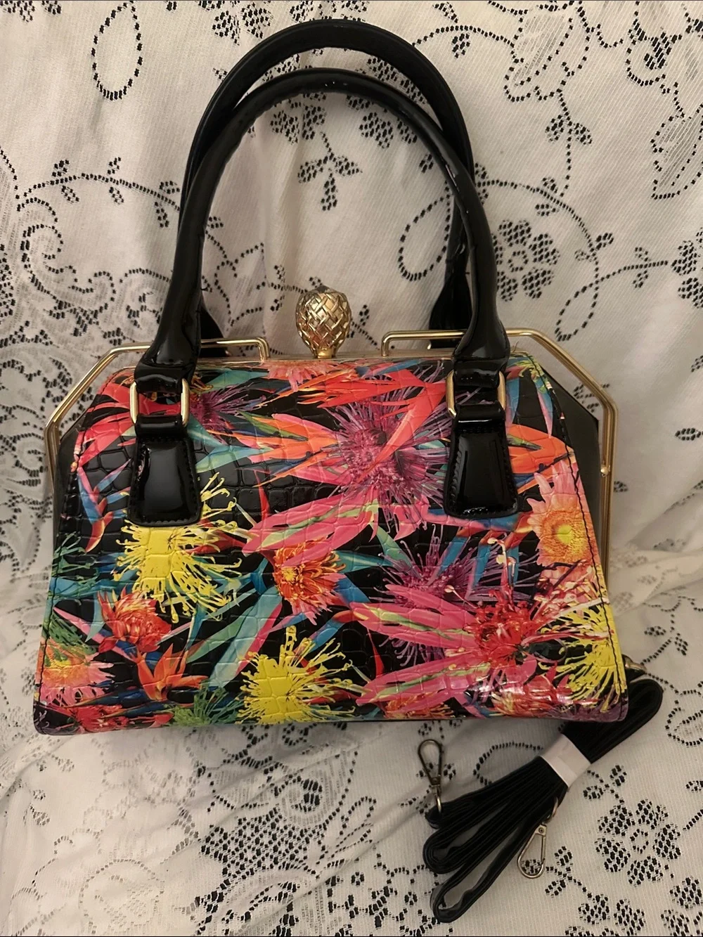 Floral Multicolor Patent Satchel Handbag - Black Trim